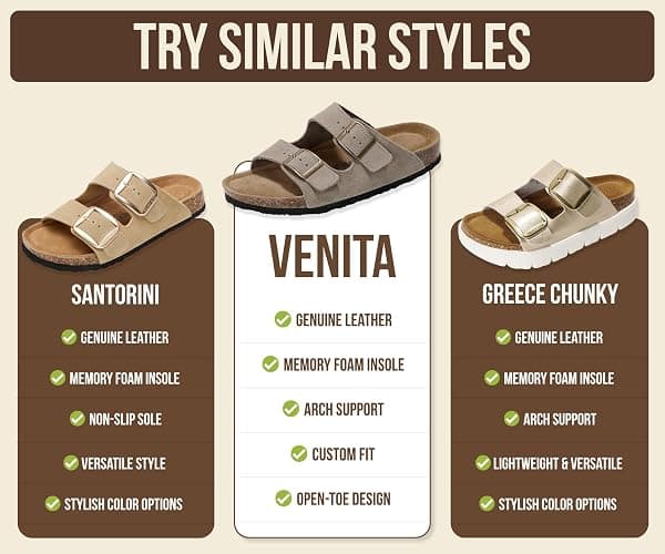 Project Cloud 100% Genuine Leather Flat Sandals For Women 2026 Cork Footbed Womens Sandals with Memory Foam and arch support Vacation Essentials Slides for Women Footwear (Venita) thumbnail 6