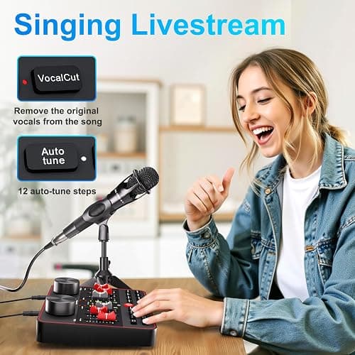 Podcast Microphone Bundle with Live Sound Card Audio Mixer, Podcast Equipment Bundle with Two 3.5mm Condenser Microphones for Pc/Phone Live Streaming Singing Gaming, Voice Changer, Denoise - G1+2*MIC thumbnail 6