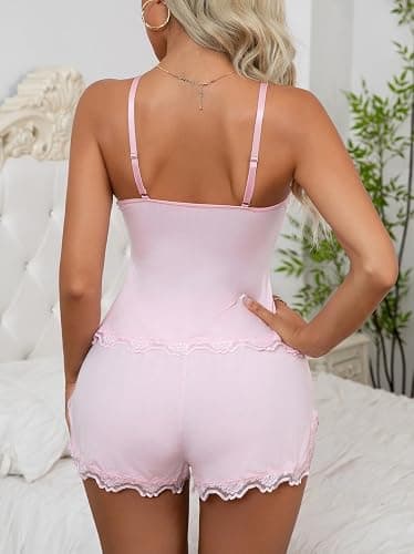 Crexomi Women's Sexy Pajama Set Lace V Neck Camisole Lingerie Nightwear Cami PJ Sets with Elastic Waist Slit Shorts thumbnail 2