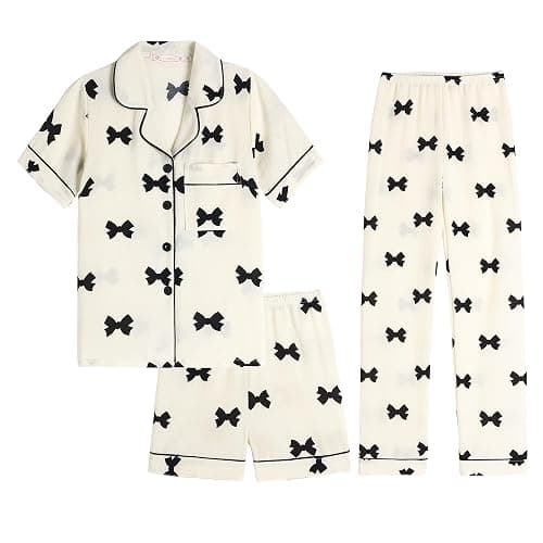 Hupohoi Big Girls Button Down Pajama Set 3pcs Short Sleeve Long Pants with Shorts Crepe Wrinkled Fabric Sleepwear Nighty - Image 1
