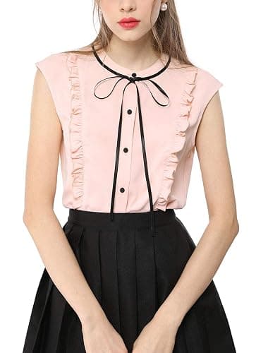 Allegra K Women's Cute Tie Neck Summer Blouse Ruffle Solid Color Sleeveless Button Down Shirt thumbnail 2