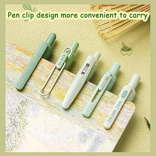 LSLSHY Cute Gel Pens 5Pcs Retractable Quick Dry Ink Pens 0.5mm Fine Point Black Ink Kawaii Smooth Writing Pens for School Office Supplies Aesthetic pretty pens (Green tea) thumbnail 5