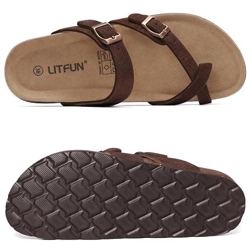 Litfun Women's Genuine Suede Cork Footbed Sandals Comfortable Summer Slides with Adjustable Buckle thumbnail 7