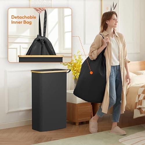 Lifewit 65L Slim Laundry Hamper with Lid, Narrow Laundry Basket with Removable Bag & Bamboo Handles, Fodable Thin Dirty Clothes Hamper for Laundry Collapsible Bin for Bathroom Bedroom Dorm, Black thumbnail 4