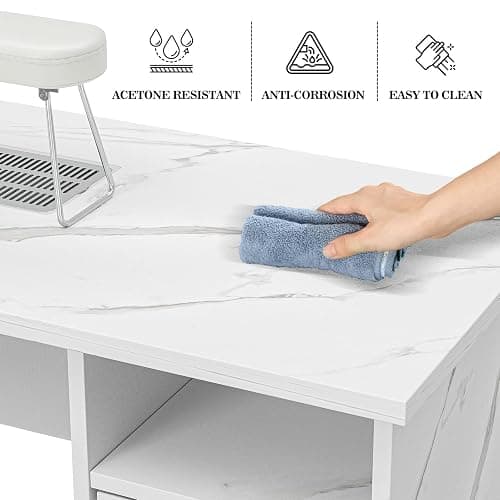 Belandi Manicure Table Nail Station with Charging Station, Marbling Texture Nail Tech Table Nail Table Station w/Dust Collector, Power Outlets, LED Lamp, Non-Woven Drawers & Wrist Cushion(White) thumbnail 8