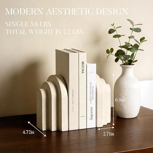 Havmorph Book Ends for Heavy Books, Beige Modern Pleasing Layered Arch Design Aesthetic Bookend Decorative, Concrete Book Ends to Hold Books Heavy Duty for Bookshelf Decor, Home Decor, Office Decor thumbnail 2