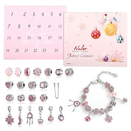 Naler Advent Calendars 2025, Advent Jewelry Pendant Charms Gift for Girls Women DIY Fashion Bracelet Necklace Xmas Countdown Countdown Calendar Gifts, Pink - Image 1