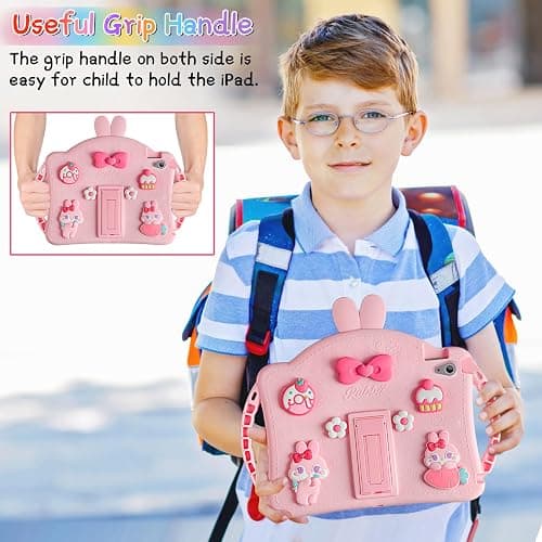 WESADN for iPad 10th Generation Case 10.9 Inch 2022 Kids Girls for iPad A16 Case 11th Gen 11 Inch 2025 with Screen Protector Shoulder Strap Kickstand Keychain Cute Rabbit Silicone Tablet Cover,Pink thumbnail 3