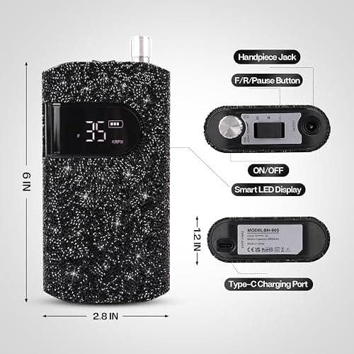 Lavinda Nail Drill Professional Electric Nail File, Black Rhinestone | 35000RPM, 10-12h Runtime, LED Display, Low-heat Coreless Motor, Shapes Acrylic/Gel Nails Manicure for Nail Technicians thumbnail 5