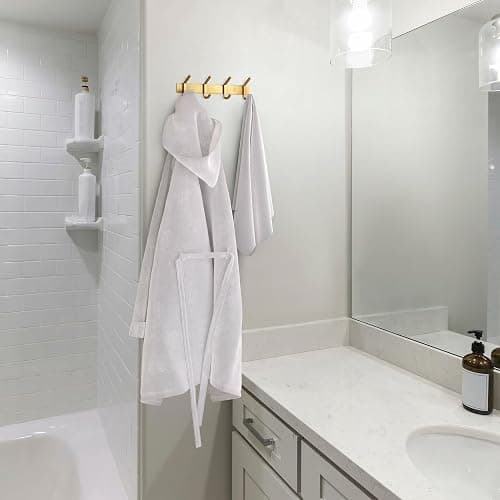 SAYONEYES Brushed Gold Wall Mounted Coat Rack – 12 Inch Stainless Steel Rail with 4 Double Coat Hooks for Entryway, Bathroom, Bedroom, Kitchen – Modern Gold Hook Rack for Coats, Hats, Towels thumbnail 6