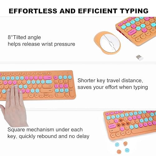 Wireless Keyboard and Mouse Combo, Retro Typewriter Keyboard with Round Keycaps, 2.4GHz USB Cute Wireless Keyboard Mouse for Computer, Desktop, Laptop and Computer (Orange Colorful) thumbnail 4