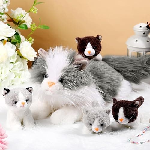 HyDren 5 Pcs Realistic Ragdoll Cat Stuffed Animal, 17.75 Inches Large Ragdoll Cat Mommy Plush with 4 Cute Babies Soft Plush Kittens Set for Girls Boys Birthday Party Favors(Grey) thumbnail 2