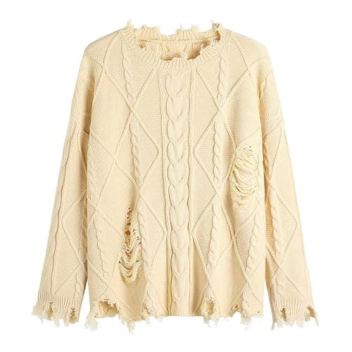 GABERLY Oversized Distressed Cable Knit Sweater Pullover with Frayed Edges Vintage Style Fall Winter Knitwear for Women - Image 1