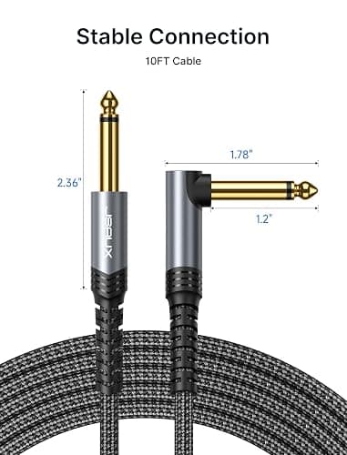 JSAUX Guitar Cable 10 ft, Amp Cord for Electric Guitar/Mandolin/Bass, Pro Audio Instrument Cable with 1/4" Tips(TS Port) Right Angle to Straight-Gray thumbnail 6