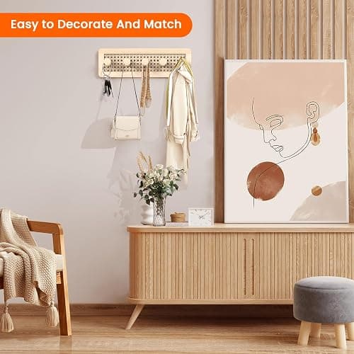 Homode Wooden Wall Hooks, Wall Mounted Coat Rack for Entryway, Boho Wood Pegs for Hanging Coats and Hats, Decorative Coat Hanger Purse Holder for Towel Key Jacket Bag Leash Cap thumbnail 2