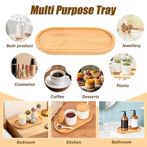 FHUIEWRY 4 Pack Oval Bamboo Bathroom Serving Trays, Wooden Vanity Tray | Oval bamboo counter tray, wooden soap holder for bathroom, countertop jewelry, cosmetics, candle, kitchen& small item storage thumbnail 5