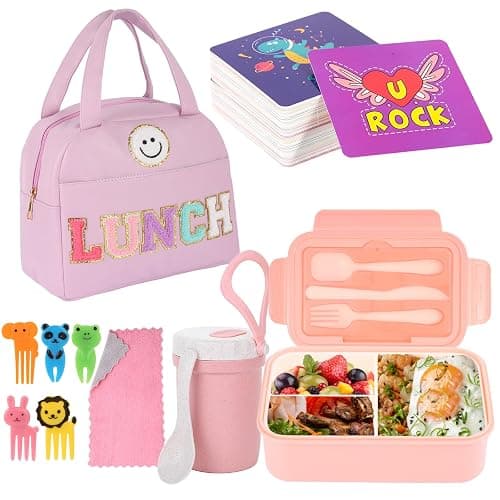 77 Pieces Bento Box Lunch Box Kit Large Pink Insulated Lunch Bag 3 Layer Stackable Leakproof Lunch Box Containers with Cup,Lunch Bag,Spoon,Fork,60 Pieces Lunch Box Notes for Girl Women (Purple) - Image 1
