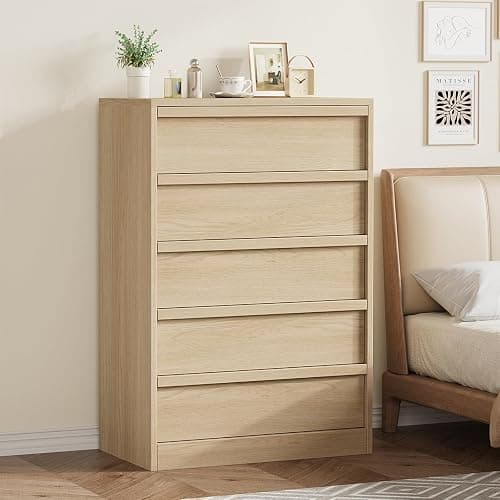 GarveeHome 5 Drawer Dresser for Bedroom, Modern 5 Chest of Drawers Tall with Large Drawers Storage, Wooden Dresser Organizer for Living Room, Nursery, Entryway - Natural thumbnail 4