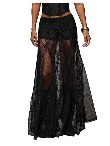 WDIRARA Women's Sexy See Through Sheer Lace Maxi Skirt Low Waist Ruffle Hem A Line Flowy Skirt - Image 1