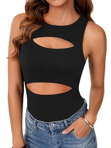 LYANER Women's Sleeveless Bodysuits Sexy Cut Out Front Body Suits Stretchy Tank Leotards Tops thumbnail 2