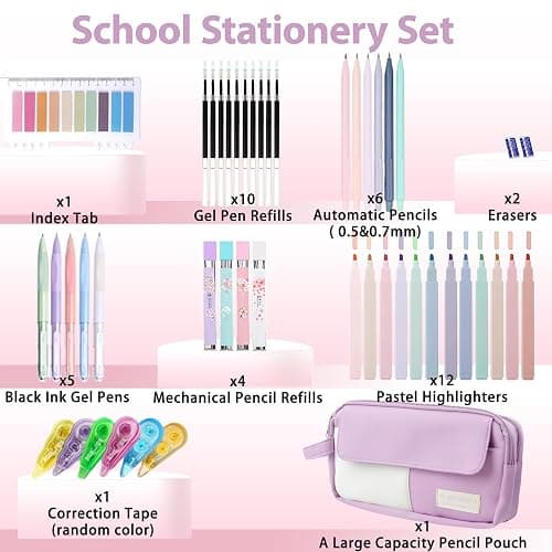 42 Pcs Aesthetic School Supplies with Cute Pencil Case, 12 Highlighters, 5 Black Ink Gel Pens, 6 Mechanical Pencils, Big Capacity Pencil Pouch, Stationary Set for Student, Gift Back to School thumbnail 3