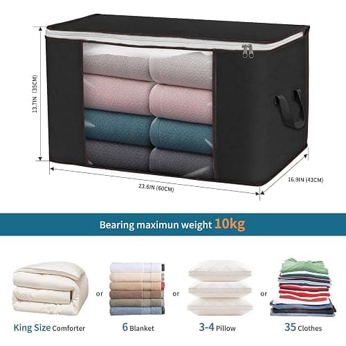 Large Storage Bags, 6 Pack Clothes Storage Bins Foldable Closet Organizers Storage Containers with Durable Handles Thick Fabric for Blanket Comforter Clothing Bedding 90 L (Black) - Black - 6 Pack thumbnail 2