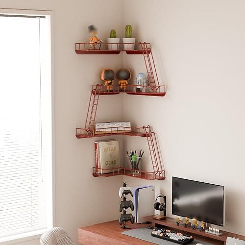 WOPITMER Fire Escape Wall Shelf - Modern City Style 4-Tier Corner Wall Shelves, Easy to Install Metal Ladder Shelf for Figures, New York Decorative Shelves for Bathroom, Living Room & Home Decor, Red thumbnail 5