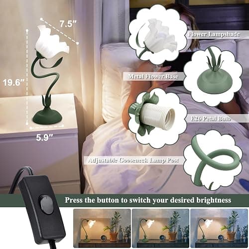 Flower Table Lamp, 3 Level Brightness Vintage Flower Reading Light with E26 Bulb, Cute Desk Lamp Bedside Lamps Lily Lamps for Nightstands Living Room Bedroom Ambient Lighting Home Decor, Metal Base thumbnail 6