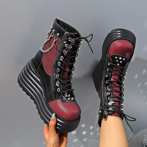 SONALOONG Goth Chunky Ankle Boots for Women - Bat Buckle DIY Platform,Zip Round Toe Lace Up Combat Bootie, Wedge Rave Boots Black Punk Shoes - Light Weight & Waterproof thumbnail 9