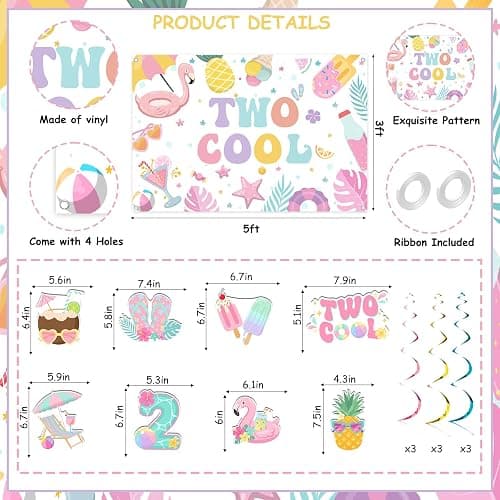 Funmemoir Two Cool Pool Birthday Party Decorations for Girls 2nd Birthday, Macaron Color Backdrop Banner Cake Topper Balloons Honeycomb Centerpieces for Summer Swimming Beach Theme Party thumbnail 5