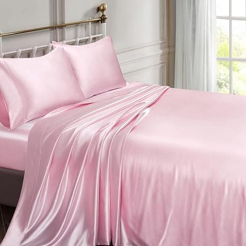 Vonty Satin Sheets Queen Size Silky Soft Satin Bed Sheets Pink Sheet Set, 1 Deep Pocket Fitted Sheet + 1 Flat Sheet + 2 Pillowcases | Silky Satin Protects Hair, Reduces Facial Wrinkles, Deep Pocket Up To 15 Inch, Machine Washable, Year-Round Comfort thumbnail 2