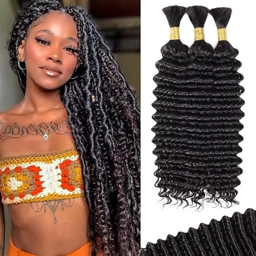 100g 3 bundles Human Braiding Hair for Boho Braids 24 Inch Curly Boho Hair for Braiding Knotless 12A Deep Wave Bulk Bohemian Natural Black - Image 1