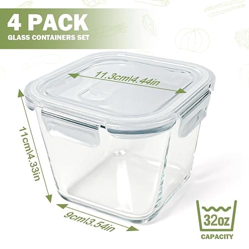 Soup Containers with Lids Glass 32 oz, 4 Cup Borosilicate Glass Food Storage Containers, Microwave & Freezer Safe Jars, Small Square Meal Prep Bowl for Salad, Fruit, Lunch, Ice Cream, Travel, 4 Pack thumbnail 2