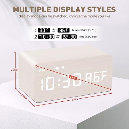 MOSITO Digital Wooden Alarm Clock with Wireless Charging, 0-100% Dimmer, Dual Alarm, Weekday/Weekend Mode, Snooze, Wood LED Clocks for Bedroom, Bedside, Desk, Kids (White) thumbnail 2