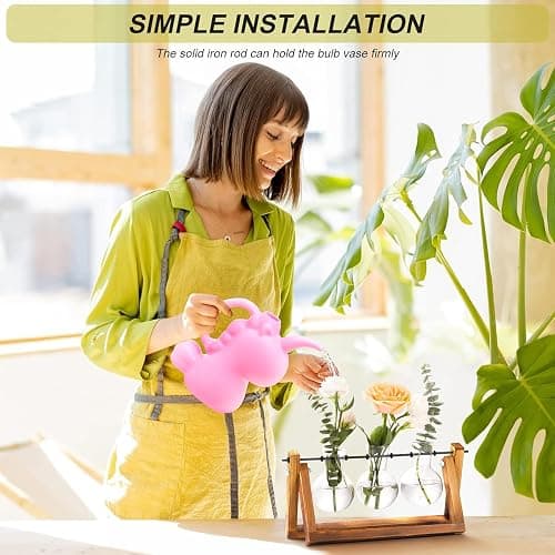 XXXFLOWER Plant Terrarium with Wooden Stand, Air Planter Bulb Glass Vase Metal Swivel Holder Retro Tabletop for Hydroponics Home Garden Office Decoration - 3 Bulb Vase thumbnail 3