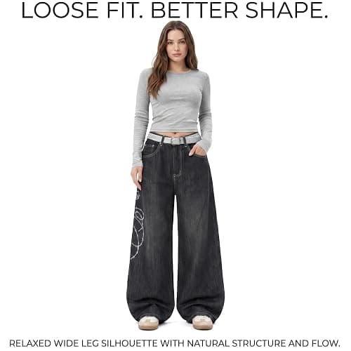 bestshark Baggy Women’s Wide Leg Jeans High Waisted Baggy Denim Pants Loose Fit Y2K Graphic Jeans Black thumbnail 2