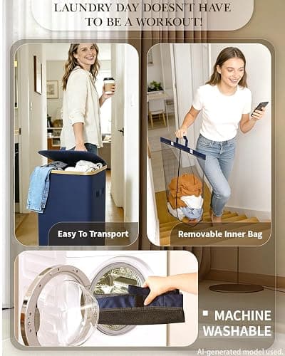 Laundry Hamper with Wheels, 75L Rolling Laundry Basket, Removable Inner Bag | Clothes Hampers for Laundry, Collapsible Dirty Clothes Hamper for Dorm, Bedroom, Bathroom, Laundry Room thumbnail 3