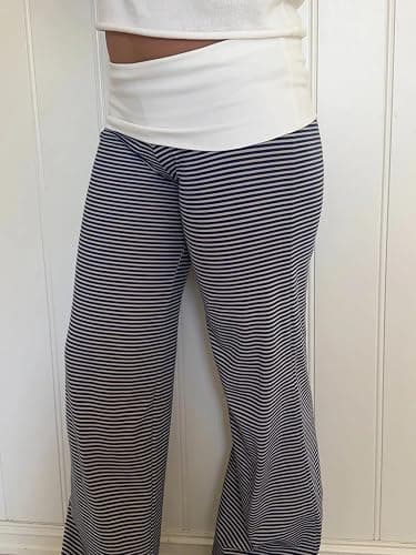 Women Y2k Fold Over Yoga Pants Colour Block Straight Leg Bottoms Low Rise Stretchy Lounge Trousers thumbnail 3