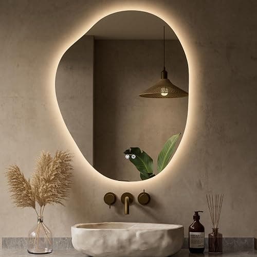 Keonjinn Irregular Backlit Mirror 24 x 30 Inch, Asymmetrical LED Bathroom Mirror with HD Tempered Glass, UL-Listed LED Driver, Stepless Dimmable with 3 Colors, Safe Defogging(Horizontal/Vertical) - 30"L x 24"W - Image 1