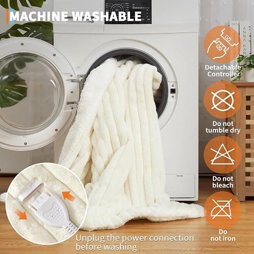 GarveeHome Electric Blanket Heated Throw, Heated Blanket Cozy Faux Rabbit Fur with 4 Heating Levels & 4 Hours Auto Off, Over-Heat Protection, Machine Washable, ETL Certification, Beige White 50"x60" thumbnail 7