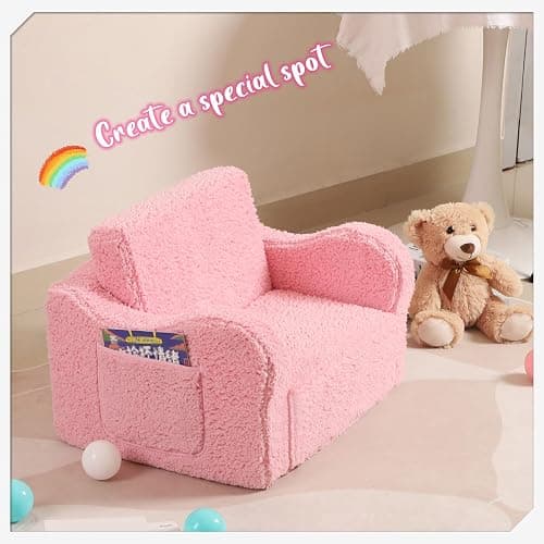 MOMCAYWEX Kids Chairs for Toddler, 2-in-1 Toddler Soft Sherpa Couch Fold Out, Convertible Sofa to Lounger for Girls and Boys, Pink - Pink - Medium thumbnail 6