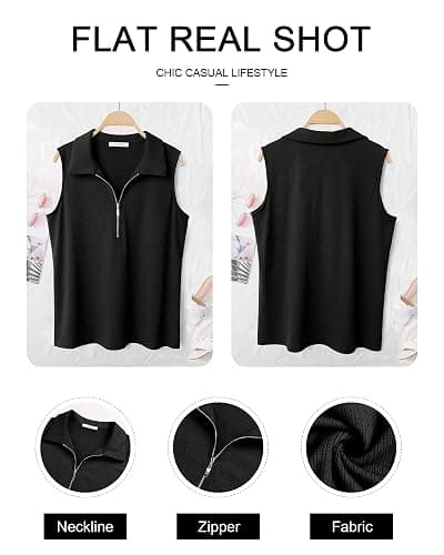 Vivilli Womens Ribbed Tank Top Zipper V Neck Dressy Casual Blouses Sleeveless Camisole Tops Work Tank Polo Shirts thumbnail 6