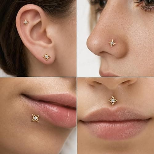 VerveVanguard 2 Star Styles & 3 Post Lengths, 14K Gold Filled Flat Back Piercing Set, 4-Point & 8-Point CZ Studs, 18G 6mm 7mm 8mm Jewelry for Ear Nose Lip with Gripper Tool & Insertion Pin thumbnail 6