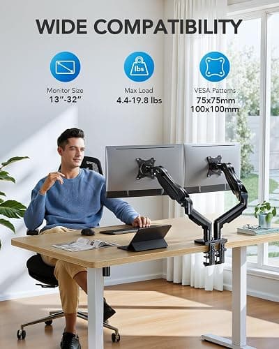 HUANUO Dual Monitor Stand, Fully Adjustable Gaming Monitor Desk Mount for 13–32″ Computer Screens, Full Motion VESA 75x75/100x100 with C-Clamp & Grommet Base, Each Arm Holds 4.4 to 19.8 lbs thumbnail 2