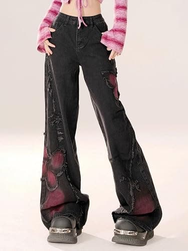 Y2K Baggy Ripped Jeans for Women – Wide Leg Butterfly Print & Star Patch Distressed Denim Pants High Waist Streetwear thumbnail 2