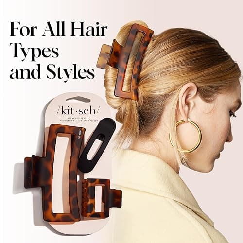 Kitsch Assorted Hair Clips for Women - Strong Hold Open Shaped Hair Claw Clips for Girls, Flat Claw Clip - Matte Finish, Durable Plastic | Ideal Gifts for Women - Black & Tortoise, 3 Pcs thumbnail 6