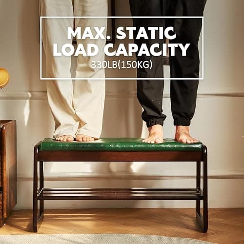 Solid Wood Shoe Bench, 2-Tier Wooden Storage Entryway Bench, Mid-Century Modern Shoe Bench Rack, End of Bed Bench with Faux Leather Cushion, Ottoman Bench for Hallway, Living Room (Walnut, 31.5'') thumbnail 7