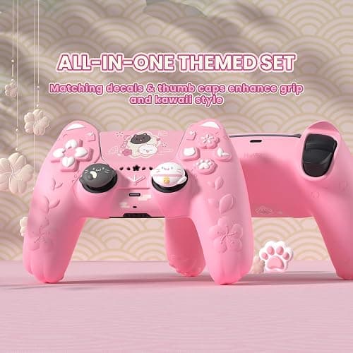 PlayVital for PS5 Controller Cover Skin - Cherry Blossoms Kitten Anti-slip Grip Skin with Thumb Grip & Sticker - Soft Rubber Protector for PS5 Controller Accessories - Pink thumbnail 4