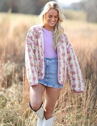 Yimoon Women's Cropped Puffer Quilted Jacket Vintage Floral Print Open Front Lightweight Short Jacket Outwear thumbnail 4