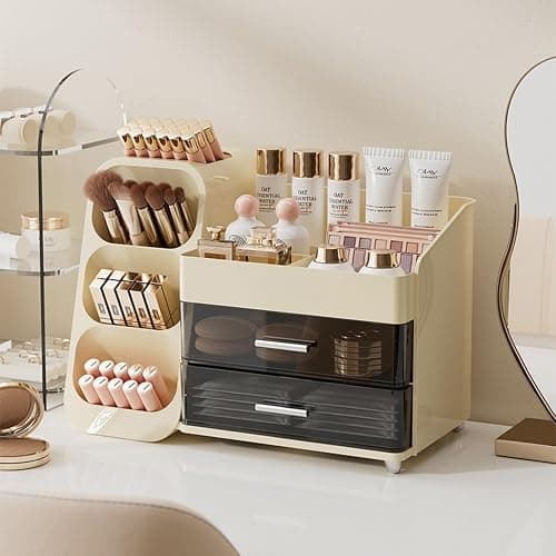 KQJS Makeup Organizer with Drawers,Large Capacity Countertop Organizer for Vanity,Bathroom and Bedroom Desk Cosmetics Organizer,Easy To Storage Skincare,Brushes, Eyeshadow, Lotions, Lipstick (Cream) thumbnail 3